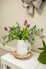Easter Spring Decor, Purple Tulips and Greenery in Fancy White Pitcher Vase