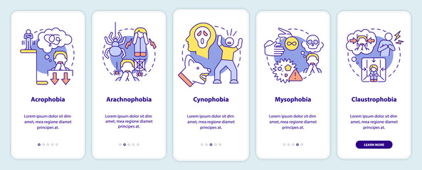 Most common phobias onboarding mobile app screen. Anxiety disorder walkthrough 5 steps graphic instructions pages with linear concepts. UI, UX, GUI template. Myriad Pro-Bold, Regular fonts used