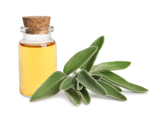 Bottle of essential sage oil and leaves on white background.