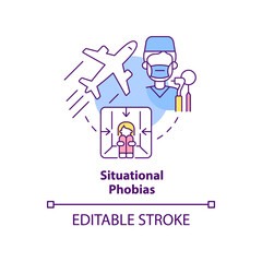 Situational phobias concept icon. Anxiety disorder. Specific phobias abstract idea thin line illustration. Isolated outline drawing. Editable stroke. Arial, Myriad Pro-Bold fonts used