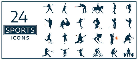 Sports Person Poses Silhouette Flat Black And White Flat Icons Set. Sport And Fitness Flat Icon Set. Editable Icons Cricket, Cycling, Weight Lifting, Running, Horse Riding, Tennis, Skiing, Stretching