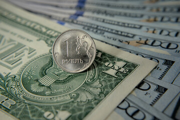 coin one Russian ruble and dollars macro photo