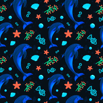 Dolphin. Seamless pattern with dolphin and sea vegetation. Fish and starfish. Design for children's textiles, stationery.
