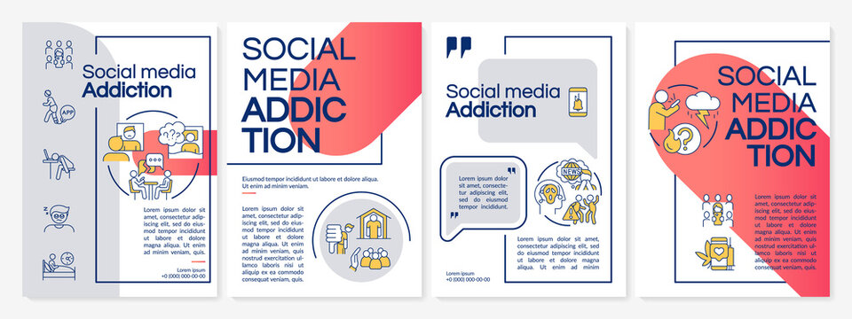 Social media addiction grey and red brochure template. Social networks. Leaflet design with linear icons. 4 vector layouts for presentation, annual reports. Questrial, Lato-Regular fonts used