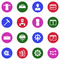 Labor Day Icons. White Flat Design In Circle. Vector Illustration.