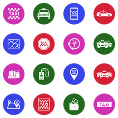 Taxi Service Icons. White Flat Design In Circle. Vector Illustration.