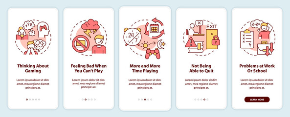 Signs of game addiction onboarding mobile app screen. Mental health walkthrough 5 steps graphic instructions pages with linear concepts. UI, UX, GUI template. Myriad Pro-Bold, Regular fonts used
