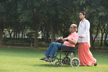 Female doctor with old man in wheelchair admiring view at park
