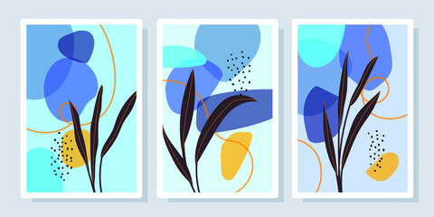 Set of abstract tropical wall arts vector illustration. Flowers,leaves,shapes,line arts, botanical background design,