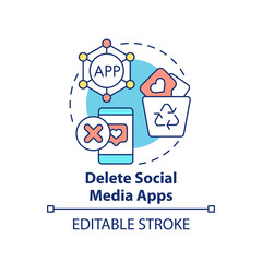 Delete social media apps concept icon. Way to break social networks addiction abstract idea thin line illustration. Isolated outline drawing. Editable stroke. Arial, Myriad Pro-Bold fonts used