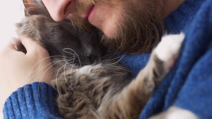 A bearded man lovingly hugs his cat, hugs him to himself. Favorite cat with his owner. Relationship between pets and people. Gray fluffy cat in the arms of his pet owner.