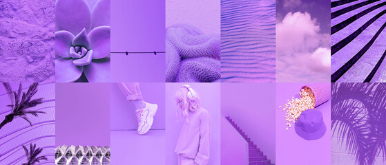 Set of trendy aesthetic photo collages. Minimalistic images of one top color. Purple moodboard