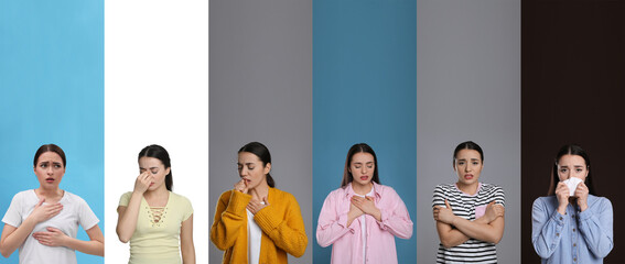 Collage with photos of women with cold symptoms on different color backgrounds. Banner design - obrazy, fototapety, plakaty