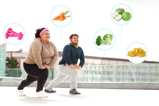 Weight loss concept. Overweight couple doing sport exercises together outdoors