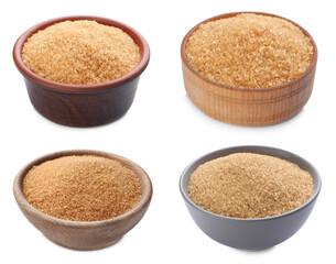 Bowls of brown sugar on white background