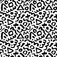Seamless abstract geometric pattern fashion 80-90s. Grunge straight brush stroke, triangles, circles, zigzag lines. Chaotic ink brush scribbles texture. Messy doodles, curvy lines in Memphis style