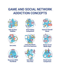 Game and social network addiction concept icons set. Obsession with virtual world idea thin line color illustrations. Isolated symbols. Editable stroke. Roboto-Medium, Myriad Pro-Bold fonts used