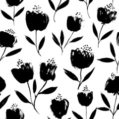 Vintage background with small flowers. Hand drawn seamless vector pattern with black brush simple flowers. Decorative floral ornaments for textiles, wrappers, fabrics. Black abd white abstract plants.