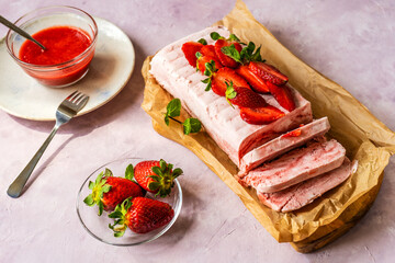 Italian strawberry dessert Semifreddo with sauce - cold dessert like an ice-cream