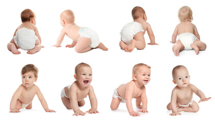 Collage with photos cute little babies crawling on white background - obrazy, fototapety, plakaty