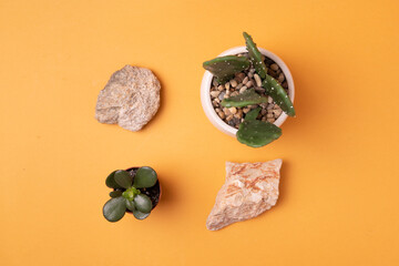 Conceptual creative modern Still life, flatlay. balancing stones on an orange background with space for text. conceptual background
