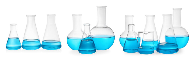 Different laboratory glassware with light blue samples on white background, collage. Banner design