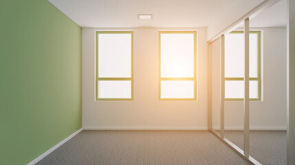 Elegant office interior. Mixed media. 3D rendering.. Sunset.
