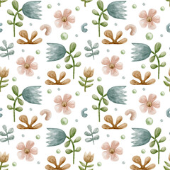 Watercolor seamless pattern of modern flowers.