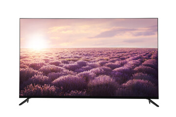Modern wide screen TV monitor showing beautiful lavender field at sunrise isolated on white