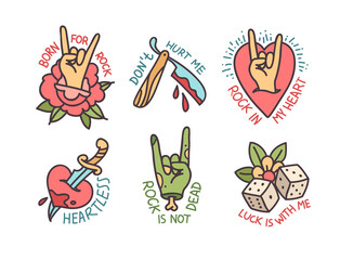 Printable Rockabilly Tattoo designs with phrases and quots. Old school tattoo stickers collection in Rock n Roll style. Trendy Tattoo Rock style sticker and badge designs  
