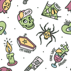 Halloween psychedelic printable seamless pattern. Vector Halloween background of cartoon zombie had, spider, poion, coffin for tee print fabric design