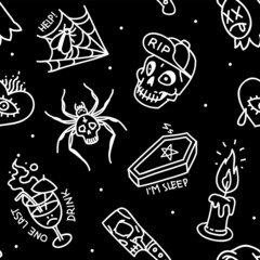 Halloween printable seamless pattern on black background. Vector Halloween background of cartoon zombie had, spider, poion, coffin for tee print fabric design