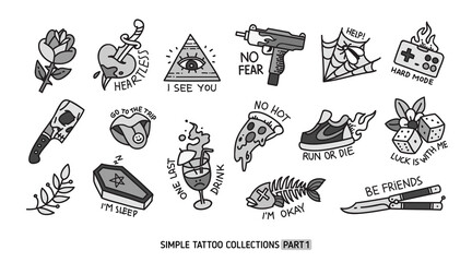 Old school simple tattoo collection on white background. Traditional tattoo symbols and rockabilly elements with phrases and quots. Trendy Tattoo designs for tee print fabric © VRTX