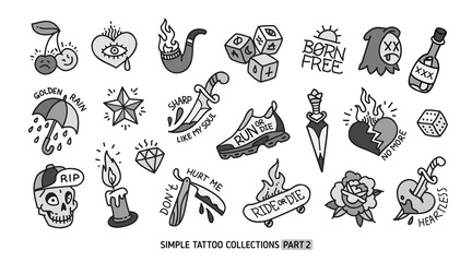 Old school simple tattoo collection on white background. Traditional tattoo symbols and rockabilly elements with phrases and quots. Trendy Tattoo designs for tee print fabric
