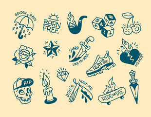 Trendy Old school simple tattoo collection on skin color background. Traditional tattoo symbols and rockabilly elements set of skateboard, blade, heart, rose. Tattoo designs for tee print fabric
