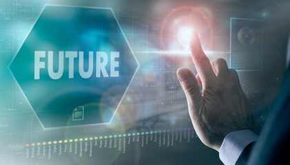 A businessman controlling a futuristic display with a Future business concept on it.