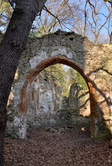 Fototapeta premium St. Cäcilia, Sankt Cäcilia, Kirche, Ruine, Lost Place, Urban Exploring, Urbex, Kirchenruine, Mittelalter, eingestürzt, Wald, Waldrand, Mauer, Mauerreste, Stein, verfallen, Turm, Kirchturm, Kirchenschi