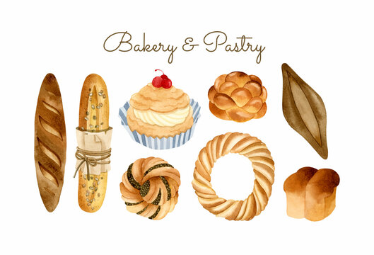 Bakery and pastry watercolor food illustration set 