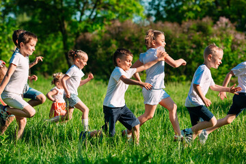 Obraz premium A group of happy children of boys and girls run in the Park on the grass on a Sunny summer day.