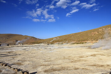 Freezing daybreak in the Geiseres de Tatio, a natural spectacle. Atacama Desert, Chile.