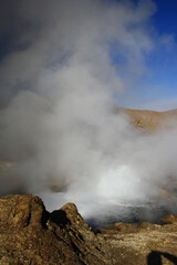 Freezing daybreak in the Geiseres de Tatio, a natural spectacle. Atacama Desert, Chile.