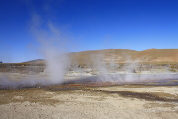 Freezing daybreak in the Geiseres de Tatio, a natural spectacle. Atacama Desert, Chile.