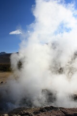 Freezing daybreak in the Geiseres de Tatio, a natural spectacle. Atacama Desert, Chile.