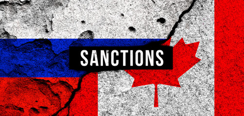 Russia and Canada sanctions. National flags background with text. Embargo, default concept photo