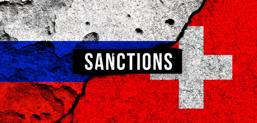 Russia and Switzerland sanctions. National flags background with text. Embargo, default concept photo