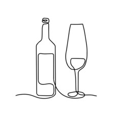Wine bottle and glass vector illustration. One line drawing. Vector illustration continuous line drawing.