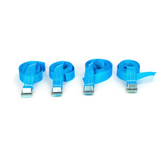 Car strop or strap in blue nylon and metal tie isolated over white background. Ratchet straps for cargo load control. Cargo restraint strap
