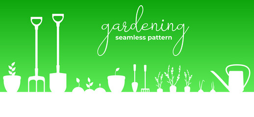 Gardening seamless horizontal banner. Garden equipment and plants, sprouts. White silhouettes on a green background. Flat vector illustration