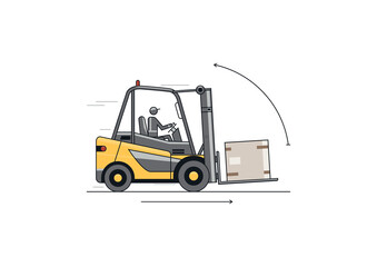 Traveling with raised forks and mast tilted back. Flat line vector design of forklift with operator and load.