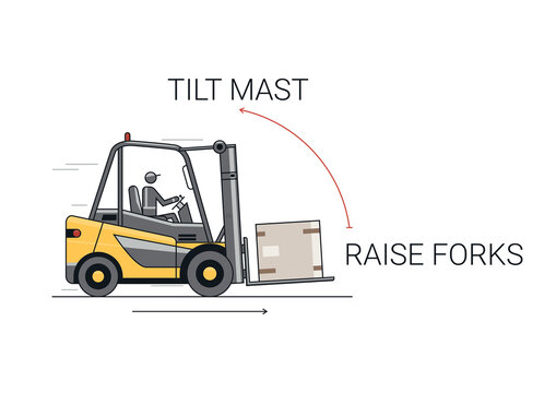 Traveling with raised forks and mast tilted back. Flat line vector design of forklift with operator and load.
